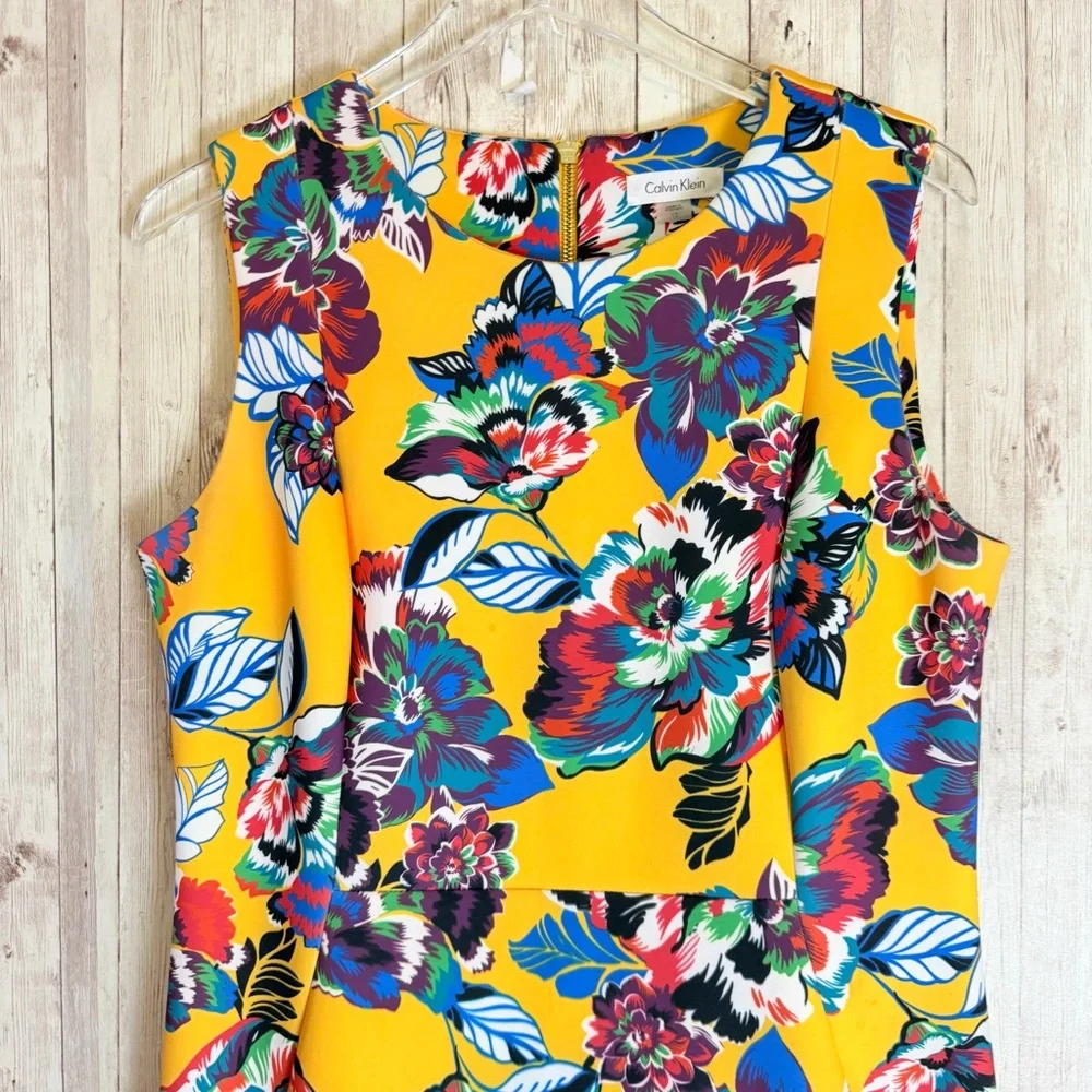 Calvin Klein Yellow Floral Sheath Dress Ruffled Hem - Picture 2 of 8